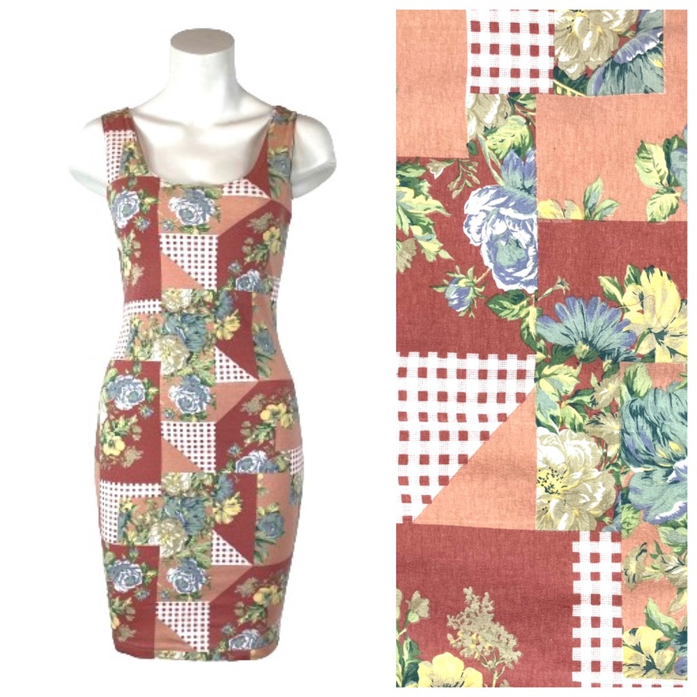Vintage 90s Stretch Tank Mini Dress Beige Neutral Rose Abstract Floral Fits S/M